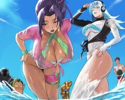 2girls 4boys beach big_breasts blue_hair blue_sky breasts busty cleavage curvy dutch_angle fantastic_four female leaning_forward light-skinned_female light_skin looking_at_viewer luna_snow luna_snow_(cool_summer) luna_snow_(marvel_rivals) male marvel marvel_comics marvel_rivals mugit49 namor namor_(marvel_rivals) nipples_visible_through_clothing official_alternate_costume psylocke psylocke_(breezy_butterfly) psylocke_(marvel_rivals) purple_hair see-through_clothing spider-man_(marvel_rivals) spider-man_(series) standing_in_water staring sunglasses_on_head swimsuit the_thing_(marvel) the_thing_(marvel_rivals) thick_thighs thigh_strap venom_(marvel_rivals) waves wet_clothing white_hair x-men
