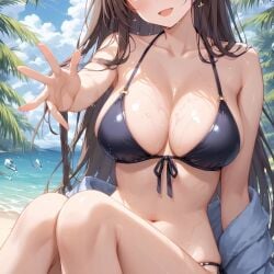 2025 ai_generated beach_background belly black_bikini brown_hair_female female female_only instagram jacket jacket_only looking_at_viewer meta open_mouth open_mouth open_mouth_smile red_cheeks sitting smile_at_viewer smiling_at_viewer ten01c tummy unknown_character water_background wet_bikini wet_body wet_skin