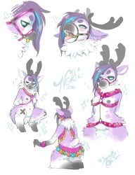 2016 anthro antlers areola ass black_nipples black_sclera blue_eyes blush bodily_fluids breasts bridle chest_tuft crotch_tuft crouching deer female fur hands_behind_back harness hi_res highlights_(coloring) horn kneeling looking_at_viewer mammal multicolored_body multicolored_fur multiple_images navel new_world_deer nipples open_mouth purple_body purple_fur purple_hair reindeer saliva signature simple_background solo sparkles standing tail teeth tomhoshino tongue tongue_out tuft two_tone_body two_tone_fur white_background white_body white_fur