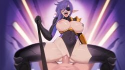 alien alien_girl breasts breasts_out cock cosmic_cocktails elf elf_ears elf_female eyepatch horny_capybara leash low_angle original original_character pussy riding riding_penis up_view