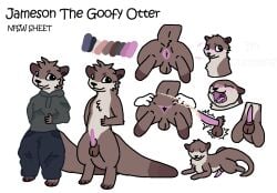 anthro anus balls blush blushing_profusely bottomwear clothing dark_ears dark_inner_ear denim denim_bottomwear denim_clothing erection eyebrows fur genitals green_clothing green_hoodie green_topwear hair hoodie jameson jeans looking_aside lying male mammal messy_fur messy_hair model_sheet mouth_shot mustelid on_front open_mouth orgasm_face otter pants penis raised_hand solo spread_anus spread_legs spreading tail thick_tail throbbing throbbing_balls throbbing_penis topwear zlite