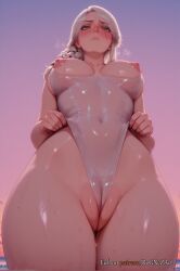 2025 ai_generated anime ass_visible_through_thighs bangs blush braid breasts cameltoe cd_projekt_red ciri closed_mouth clothes_pull covered_navel cowboy_shot crossover female female female_focus from_below gradient_sky green_eyes hair_over_shoulder highres large_breasts lips long_hair looking_at_viewer looking_down nipples nsfw one-piece_swimsuit one-piece_swimsuit_pull outdoors partially_visible_vulva rognezart scar scar_on_face see-through shiny shiny_skin sky solo sunset swimsuit the_witcher_(series) the_witcher_4 thick_thighs thigh_gap thighs water wedgie wet wet_clothes wet_swimsuit white_hair white_one-piece_swimsuit