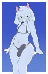 1boy anthro balls bikini bikini_top blush bottomwear bovid bulge bulge_in_swimsuit caprine clothed clothing deltarune digital_drawing_(artwork) digital_media_(artwork) erection eyewear femboy fur genitals glasses goat horn katla_(artist) looking_at_viewer male male_only mammal navel penis ralsei ralsei_with_white_fur shaded simple_background simple_shading smile solo speedo swimwear two-piece_swimsuit undertale undertale_(series) white_body white_fur