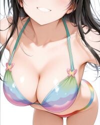 2025 ai_generated belly black_hair_female female instagram looking_at_viewer meta open_mouth open_mouth_smile pink_cheeks rainbow_bikini smile_at_viewer smiling_at_viewer teeth_showing ten01c tummy unknown_character white_background
