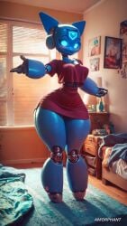 1girls 9:16 ai_generated amorphant anthro blinds blue_body blue_eyes breasts female female_only furniture glowing_eyes highres humanoid living_room looking_at_viewer medium_breasts reaching_towards_viewer robot_girl smile solo thick_thighs wide_hips window