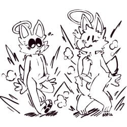 2boys balls completely_nude cum furry furry_only male male_only monochrome nude penis precum sofia_draws_more