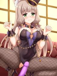 animal_ear_fluff animal_ears ankle_strap black_leotard black_shoes black_wrist_cuffs blunt_bangs bow bowtie breasts brown_hair censored couch dildo female fishnet_pantyhose fishnets fox_ears fox_girl green_eyes hat high_heels highleg highleg_leotard highres large_breasts leotard long_hair looking_at_viewer low_twintails maho_(dream_park)_(princess_connect!) maho_(princess_connect!) mosaic_censoring pantyhose playboy_bunny princess_connect! pussy pussy_juice sex_toy shako_cap shoes spread_legs squatting tamba_i thighs tilted_headwear torn_clothes torn_pantyhose twintails wrist_cuffs