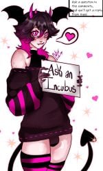 1boy ask_an_incubus ask_blog boy bulge bulge_through_clothing clothed clothing demon demon_boy demon_horns demon_humanoid demon_tail demon_wings fangs femboy femboy_focus femboy_only femboysub feminine_male incubus interactive male male_focus male_only mantislord nervous nervous_smile nyxxi short_hair stockings stripes sweat sweater sweating text text_box text_bubble thick_thighs thighhighs