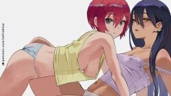 2girls amate_yuzuriha female/female female_only gundam gundam_gquuuuuux lesbian looking_at_viewer nyaan_(gundam_gquuuuuux) panties purple_hair red_hair sideboob white_background yuri zefra_bleu zefrableu
