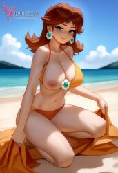 1girls 2d ai_generated bangs bare_shoulders barefoot beach bikini_bottoms blue_eyes breasts brown_hair cleavage crown earrings erophoenix feet jewelry large_ass large_breasts long_hair looking_at_viewer mario_(series) nintendo nipple ocean outdoors pale_skinned_female patreon_username princess_daisy sitting smile solo super_mario_bros. super_smash_bros. sweat toes uncensored v_arms