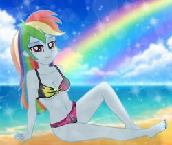 1girls 2025 5_fingers accurate_art_style bikini bikini_top black_bikini_top black_bra cyan_body deviantart deviantart_link emeraldblast63 equestria_girls female hasbro human humanized_pony long_hair magenta_eyes multicolored_hair multicolored_toenails my_little_pony no_ai pink_bikini_bottom pink_panties rainbow rainbow_dash_(eg) rainbow_dash_(mlp) rainbow_hair sitting_on_ground sitting_on_sand solo summer turquoise_body two-piece_swimsuit western_cartoon