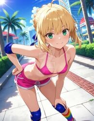 2025 ai_generated belly bikini_under_shorts blonde_eyebrows blonde_hair_female blue_hair_ribbon city_background closed_mouth closed_mouth_smile deviantart elryusam eyebrows_visible_through_hair female green_hair_female hand_on_hip hand_on_leg looking_at_viewer meta mouth_closed pink_bikini pink_shorts rainbow_socks roller_skates saber short_hair_female smile_at_viewer smiling_at_viewer sports_handwear sports_legwear stay_night_unlimited_blade_works tummy video_game_character yellow_cheeks