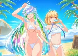 2girls absurdres arcueid_brunestud arcueid_brunestud_(dazzling_moon) arcueid_brunestud_(mooncancer) bare_shoulders beach beach_umbrella bikini blonde_hair blue_hair blue_ribbon blue_sky blush braid breasts cleavage colored_inner_hair eating fate/grand_order fate_(series) female flower food green_eyes green_hair hair_flower hair_ornament highres kaworu13 kukulkan_(fate) large_breasts long_hair looking_at_viewer multicolored_hair multiple_girls navel neck_ribbon open_mouth palm_tree popsicle red_eyes ribbon shore short_hair sidelocks sky smile swimsuit thighs tree tsukihime umbrella white_bikini