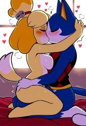 ai_generated animal_crossing barely_visible_genitalia barely_visible_penis bedroom clothed_male_nude_female female indoors isabelle_(animal_crossing) kissing making_out male nintendo nude penis romantic rover_(animal_crossing) video_games