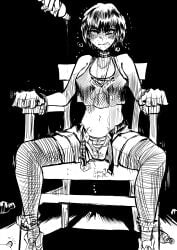1girls biku bondage bow bow_panties clenched_teeth female greyscale have_to_pee necklace open_belt open_fly original short_hair shorts striped_panties tears thighhighs zoe_(biku)
