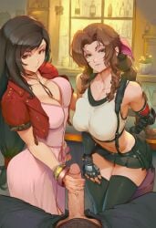 -_-abc 1girls 2girls aerith_gainsborough aerith_gainsborough_(cosplay) bar black_hair breasts brown_hair cloud_strife dick different_clothes final_fantasy final_fantasy_vii handjob looking_at_viewer penis pov pov_male thick_thighs thigh_highs thighs threesome tifa_lockhart tifa_lockhart_(cosplay)