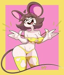 1girls blightstar blush bra bra_strap_down buckteeth cheese cheese_on_breasts cowboy_shot female female_only food_clothing large_breasts looking_at_viewer matching_underwear medium_hair mouse mouse_ears mouse_girl open_mouth original original_character small_panties tagme torn_bra torn_thighhighs tukitsuno