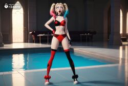1girls ai_generated artist_name asymmetrical_gloves asymmetrical_legwear bare_shoulders bikini black_choker black_gloves blonde_hair blue_eyes blue_hair breasts choker cleavage collarbone dc dc_comics eyeshadow female fingerless_gloves full_body gloves gradient_hair hand_on_own_hip harley_quinn harley_quinn_(series) hi_res indoors lips lipstick long_hair looking_at_viewer makeup medium_breasts mismatched_legwear multicolored_clothes multicolored_hair navel open_mouth panties pink_hair pool r34arts red_lips red_panties shoes solo spikes standing swimsuit thighhighs tongue twintails underwear