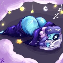 1femboy ass_cleavage ass_focus astro_(dandy's_world) blue_body closed_eyes dandy's_world dandys_world fat_ass femboy hi_res high_resolution highres huge_ass hyper_ass kirstylunchh moon_pendant pajama_pants pajama_shirt pajamas pants_down pink_clouds purple_clothing purple_headwear roblox roblox_game sleeping solo solo_focus star_pendant sweat watermark