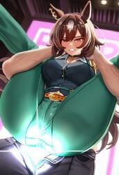 1boy absurdres animal_ears asdkd123 breasts brown_hair clenched_teeth earrings female green_pants highres horse_ears horse_girl horse_tail jewelry large_breasts long_hair pants red_eyes sirius_symboli_(umamusume) tagme tail teeth thighs umamusume