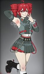 2025 ai ai_generated alternate_version_available armpits arms_behind_back arms_behind_head arms_up background gray_clothing kasane_teto kasane_teto_(voicepeak) red_eyes red_hair smug smug_face smug_smile tagme twin_drills vampiregurl voicepeak