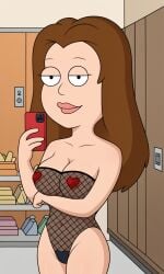 ai_generated american_dad ass bigmic145 breasts brown_hair female fishnets leotard lisa_silver long_hairsee-through nipple_pasties pasties see-through_clothes see-through_clothing selfie solo solo_female tease teasing