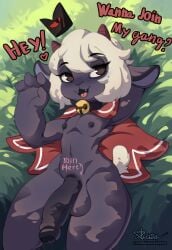 absurd_res anthro azura_inalis biped black_body bovid caprine cult_of_the_lamb dialogue erection exclamation_point fangs femboy foreskin fur genitals heart_symbol hi_res lamb_(cotl) lamb_(cult_of_the_lamb) male mammal massive_monster_(studio) multicolored_body nipples open_mouth open_smile penis sheep smile solo teeth text tongue white_body white_fur