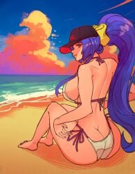 1girls ass_focus beach bikini blazblue blue_hair huge_ass mai_natsume tagme