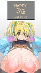 2019 areolae blonde_hair breasts cum cum_on_breasts flashing gigantic_breasts huge_areolae huge_breasts huge_nipples new_year super_pochaco sweater third-party_edit tied_hair tsuji_santa twintails