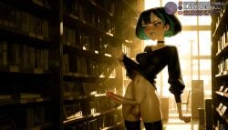 ai_generated back balls biting_own_lip black_choker black_hair black_shirt black_sweater black_thighhighs blush book bookshelf borrowed_character bottomless breasts cartoon_network choker clenched_teeth clothes_lift colored_inner_hair covered_nipples erection eyeshadow female futanari green_eyes green_hair gwen_(tdi) indoors intersex large_penis large_testicles library lifted_by_self long_sleeves makeup medium_breasts meitabuu multicolored_hair navel penis precum public_indecency shirt shirt_lift short_hair solo standing streaked_hair sweat sweater sweater_lift teeth testicles thighhighs total_drama_island trembling twitching_penis two-tone_hair uncensored