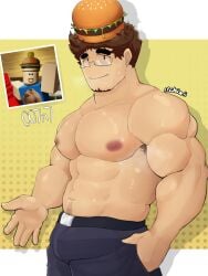 007n7 007n7_(forsaken) 1boy abs bara blush brown_hair bulge_through_clothing burger_hat facial_hair forsaken_(roblox) gay glasses half_naked moobs muscular muscular_male nipples pubic_hair rebelliousmilk reference_image roblox roblox_game robloxian solo solo_focus sweating topless