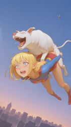ai_generated alien alien_girl alien_humanoid blonde_hair canine canine_on_human dc dc_comics doggy_style flying krypto kryptonian long_hair pet scared_expression sex sex_from_behind skirt sky supergirl superhero superheroine superman_(series) white_fur zoophillia