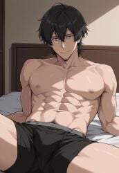 1boy abs ai_generated arm_support bed black_boxer_briefs black_briefs_only black_male_underwear black_underwear boxer_briefs bsky_link buddy_daddies bulge civitai dvxxxgrai gay illustrious_(stable_diffusion) indoors lying_on_bed male male_only navel nipples nude rei_suwa smile solo solo_male tagme underwear underwear_only yaoi