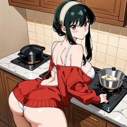 ai_generated black_hair blackmail blush cooking curvaceous_figure embarrassed female home indoors kitchen large_ass large_breasts looking_back_at_viewer no_pants pumpkin1075 solo_female spy_x_family voluptuous white_bra white_panties yor_briar yor_forger