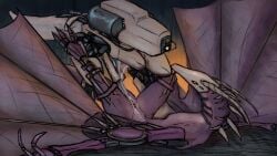 armless bodily_fluids cum cum_inside cybernetics cyborg dragon duo european_mythology feet female feral genital_fluids gummi_art hi_res humanoid looking_at_another lube lying machine male male/female mask mecha multi_eye mythological_creature mythological_scalie mythology on_back penetration piledriver_position pussy scalie sex spread_legs spreading standing tail talons toes vaginal_penetration western_dragon wyvern