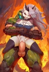 -_-abc 1boy 1girls ai_generated angry annoyed anthro anthro_on_human doom doom_slayer_(doom) fire furry hell hellhound helluva_boss holding_up_female holding_up_other_character human_on_anthro interspecies large_penis lava lifting_person loona_(helluva_boss) muscular penetration penis restrained sex thick_thighs thighs vaginal_penetration werewolf white_fur wolf