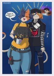 3girls alternate_breast_size anthro anthro_only belt belt_buckle big_breasts big_thighs black_eyes black_fingerless_gloves black_gloves breasts brown_body brown_fur burp burping calico_cat cat_ears cat_tail cate_meowdy_(fortnite) catgirl collar cup domestic_cat dot_eyes epic_games felid feline female fortnite fortnite:_battle_royale fur furry furry_female furry_only glistening glistening_body hair hug mammal meow_skulls_(fortnite) milk multicolored_body multicolored_fur navel pkdoss ponytail purple_body raised_tail shrinking_rae shrunk shrunken_female simple_eyes solo tan_body tan_fur tummy