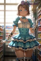 ai_generated animal_print back bead_bracelet beads blue_bow blue_dress blue_eyes blurry blush bow bowtie bracelet breasts brown_hair buttons center_frills cleavage closed_mouth collarbone convenience_store cow_print cowboy_shot detached_collar dress elbow_gloves female frilled_dress frilled_gloves frilled_sleeves frilled_thighhighs frills gloves grey_hair hand_up hat hat_ribbon indoors jewelry layered_dress layered_skirt looking_at_viewer love_live! love_live!_sunshine!! medium_breasts meitabuu milk_carton mini_hat mini_top_hat plaid_bowtie polka_dot polka_dot_scrunchie puffy_short_sleeves puffy_sleeves scrunchie shelf shop short_hair short_sleeves skirt solo standing swept_bangs thighhighs thighs tile_floor tilted_headwear top_hat underbust watanabe_you white_gloves white_thighhighs window wrist_scrunchie zettai_ryouiki