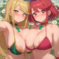 2girls aegis_elysium ai_art ai_assisted ai_edit ai_female ai_generated background bare_legs bikini blush blushing_at_viewer breasts breasts_bigger_than_head breasts_press breasts_pressed_together cleavage core_crystal day duo_focus earrings edited female female_focus flower flowers flowers_in_background garter_straps gem gloves hair_ornament headpiece highres hot huge_breasts jewelry landscape large_breasts light lights long_hair looking_at_viewer lying morning mountain mountains mythra mythra_(xenoblade) navel nintendo nipples nipples_outside outdoors pressing_breasts pressing_breasts_together pyra pyra_(xenoblade) red_eyes rose rose_(flower) sexy short_shorts skindentation sky smile smiling smiling_at_viewer swept_bangs thick thick_thighs thighhighs thighs tiara vegetation very_long_hair watermark xenoblade_(series) xenoblade_chronicles_(series) xenoblade_chronicles_2 yellow_eyes