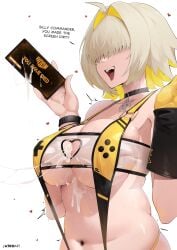 1girls after_paizuri bangs_over_eyes blonde_hair breasts choker clothing_cutout cum cum_between_breasts cutout elegg_(boom_and_shock)_(nikke) elegg_(nikke) female female_only goddess_of_victory:_nikke hair_intakes hair_over_eyes heart_cutout holding_object large_breasts light-skinned_female light_skin open_mouth solo the_atko two_tone_hair white_background