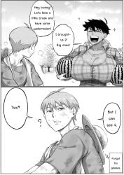 1boy 1girls aunt aunt_and_nephew big_breasts breasts breasts_bigger_than_head bursting_breasts carrying cleavage clothed comic dark-skinned_female dark_skin dirty_face english_text female gardening gloves huge_breasts jeans large_breasts male mature_female mole mole_on_breast mole_under_eye monochrome nesz original pixie_cut solo text tomboy tomboy_milf watermelon