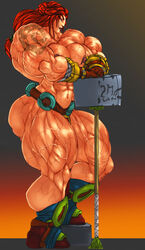 alya_(darksiders) b9tribeca big_muscles boots breasts calves darksiders extreme_muscles female gloves hammer long_hair muscles muscular muscular_female nipples red_hair solo tattoo veins weapon