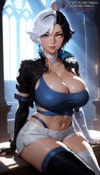 ai_generated asymmetrical_gloves asymmetrical_legwear black_gloves black_hair black_jacket black_thighhighs blue_eyes blue_tank_top breasts choker cleavage closed_mouth collarbone crop_top cropped_jacket earrings elbow_gloves female fingerless_gloves gloves heterochromia highleg huge_breasts indoors jacket jewelry large_breasts lips looking_at_viewer luna_snow luna_snow_(marvel_rivals) marvel marvel_comics marvel_rivals meitabuu midriff mismatched_gloves mismatched_legwear multicolored_hair navel panties patreon_username short_hair short_shorts shorts single_fingerless_glove sitting smile solo split-color_hair sunlight tank_top thighhighs thighs two-tone_hair underwear white_choker white_hair white_shorts white_thighhighs window yellow_eyes