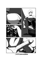 1boy bakugou_katsuki black_and_white bulge bulge_grab comic comic_page hair hyper hyper_penis male male_only moobs muscular muscular_male nipples solo vikifox_(artist)