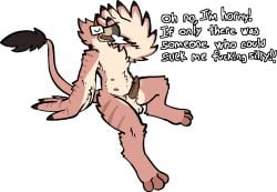 anthro avian belly_nipples dialogue english_text erection eyewear genitals glasses gryphon hand_to_face male mammal multi_nipple mythological_avian mythological_creature mythology nipples penis sitting solo text trout_(artist) trout_(character) winged_arms wings