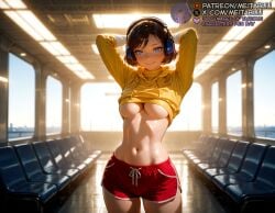 abs ai_generated arms_behind_head arms_up back bench bioshock bioshock_infinite blue_eyes blurry blurry_background breasts brown_hair closed_mouth clothes_lift cowboy_shot day dolphin_shorts drawstring elizabeth_comstock female headphones hood hood_down hoodie indoors large_breasts linea_alba long_sleeves looking_at_viewer medium_breasts meitabuu midriff navel no_bra red_shorts short_hair short_shorts shorts smile solo standing stomach sweater sweater_lift swept_bangs toned turtleneck underboob yellow_hoodie yellow_jacket yellow_sweater