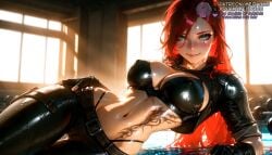 ai_generated belt bikini black_bikini black_gloves black_pants blush breasts cameltoe cleavage closed_mouth covered_nipples cropped_jacket female fingerless_gloves gloves green_eyes highleg highleg_panties jacket katarina_(league_of_legends) katarina_du_couteau large_breasts league_of_legends leather leather_pants long_hair looking_at_viewer lying meitabuu navel on_side panties pants red_hair scar scar_across_eye scar_on_face shiny_clothes smile solo stomach stomach_tattoo swimsuit tattoo underwear wet