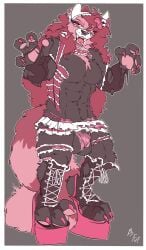 2019 abs accessory anthro armwear balls bewear biped black_body black_boots black_clothing black_footwear black_gloves black_handwear black_nose boots bottomwear bow_ribbon claws clothed clothing crossdressing elbow_gloves eyebrows facial_piercing fluffy fluffy_tail footwear front_view fuf generation_7_pokemon genitals gloves hair hair_accessory hair_ribbon hairbow handwear hi_res high_heeled_boots high_heels long_hair looking_at_viewer male markings mole_(marking) muscular muscular_male muscular_thighs nintendo nose_piercing nose_ring open_mouth panties partially_clothed pawpads pecs piercing pokemon pokemon_(species) red_hair ribbons ring_piercing sharp_teeth shoes simple_background skirt solo standing tail teeth toe_claws tongue torn_clothing underwear