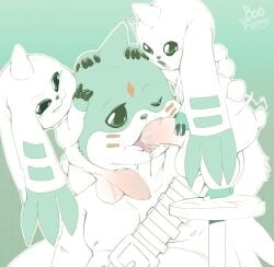 anthro balls bandai_namco blush boofurry digimon digimon_(species) erection evolutionary_family fellatio gargomon genitals group hi_res long_ears male male/male oral penile penis penis_in_mouth sex size_difference small_dom_big_sub terriermon trio