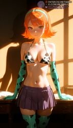 ai_generated animal_print aqua_hairband bare_shoulders bikini bikini_top_only blue_hairband blush breasts brown_eyes cleavage closed_mouth collarbone cow_print cow_print_bikini cowboy_shot elbow_gloves female gloves green_gloves green_hairband green_thighhighs hairband halterneck indoors jessica_(rick_and_morty) looking_at_viewer medium_breasts meitabuu miniskirt navel orange_hair pleated_skirt print_bikini print_thighhighs purple_skirt rick_and_morty shadow short_hair side skirt solo standing stomach sunlight swimsuit thighhighs white_bikini zettai_ryouiki